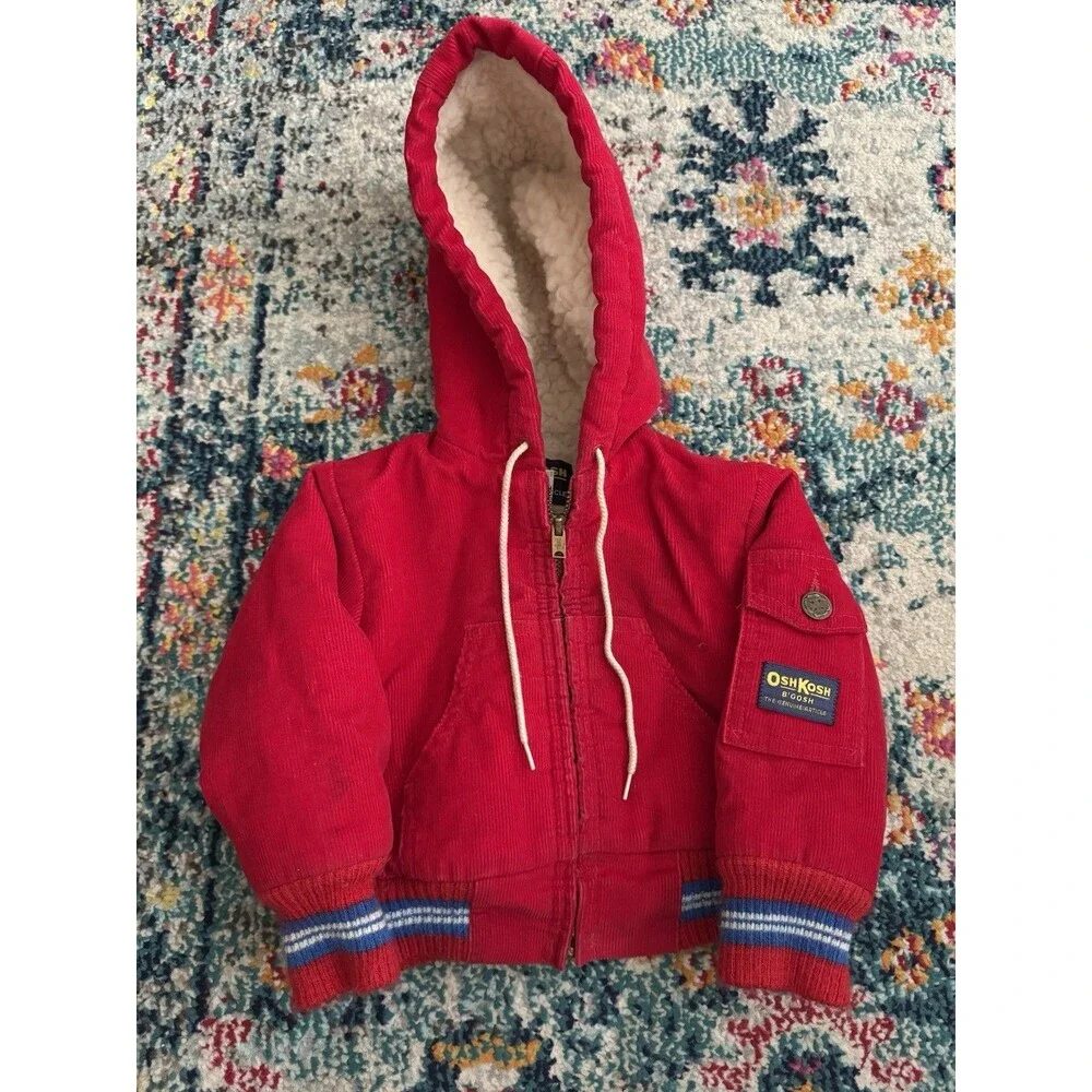 VTG 90s OshKosh BGosh‎ Sherpa Lined Corduroy Jacket Red Hooded Size 2T USA